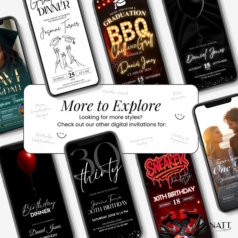 Gallery layout showing multiple phone mockups with various digital invitation styles for birthdays, graduations, and weddings.