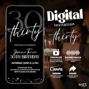 A modern black and silver digital invitation displayed on a phone screen, featuring elegant '30 Thirty' typography and party details.