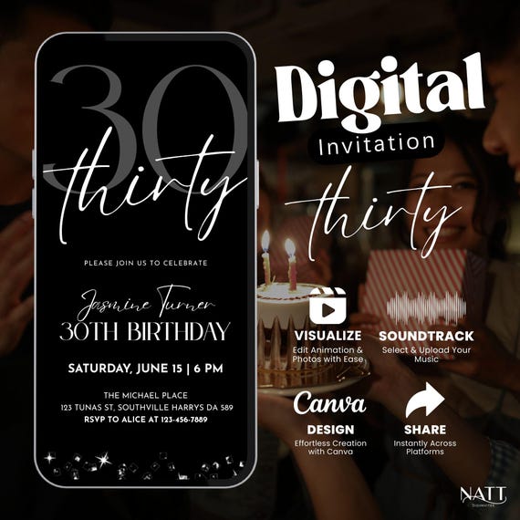 Animated 30th Birthday Digital Invitation, Elegant Black & Silver Video Evite, Text Message Invitation, 30th Birthday Evite