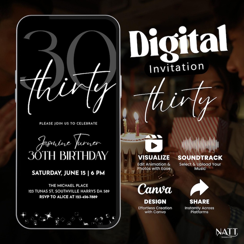 A modern black and silver digital invitation displayed on a phone screen, featuring elegant '30 Thirty' typography and party details.