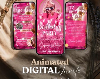 Digitale rosa Geburtstagsfeiereinladung, bearbeitbare Videoeinladung für Mädchen, anpassbarer Text-Geburtstagseinladung, digitale Geburtstagsfeiervorlage
