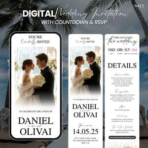 Peut inclure: Invitation de mariage num&eacute;rique avec compte &agrave; rebours et RSVP. Le design pr&eacute;sente un couple en tenue de mariage, avec le texte "Vous &ecirc;tes cordialement invit&eacute;s" et les d&eacute;tails de l'&eacute;v&eacute;nement. L'invitation comprend un compte &agrave; rebours et des informations.