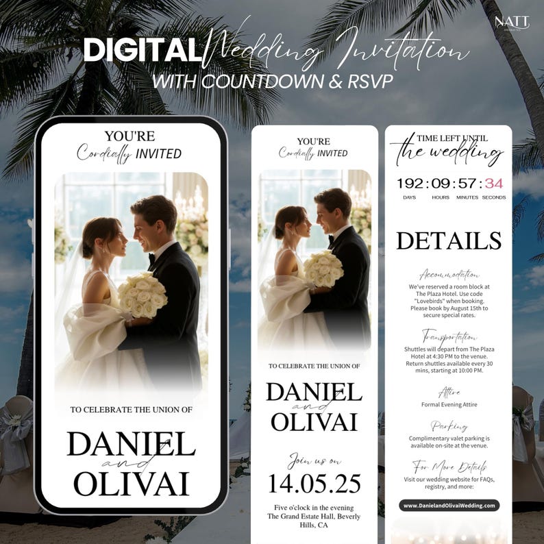 Peut inclure: Invitation de mariage num&eacute;rique avec compte &agrave; rebours et RSVP. Le design pr&eacute;sente un couple en tenue de mariage, avec le texte "Vous &ecirc;tes cordialement invit&eacute;s" et les d&eacute;tails de l'&eacute;v&eacute;nement. L'invitation comprend un compte &agrave; rebours et des informations.