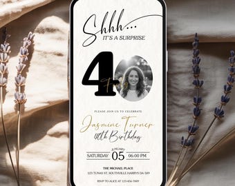 Surprise 40th Birthday Invitation with Photo, Black and Gold Digital Mobile Invite for Women
