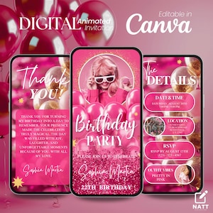 Digital Pink Birthday Party Invitation, Editable Video Invite for Girls, Customizable Text Birthday Invite, Digital Birthday Party Template