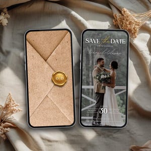 May include: Two smartphones displaying wedding-themed designs. One shows a brown envelope with a gold seal, the other a couple with the text "SAVE THE DATE" and wedding details. The design is elegant and suitable for wedding announcements.