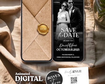 Invitación minimalista tipo sobre para reservar la fecha, invitación de boda con vídeo animado, invitación digital editable en Canva, descarga instantánea