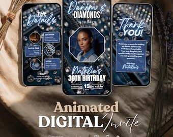 Animated Denim Birthday Invitation: Blue Jean & Diamond Theme (MP4 Digital Download)