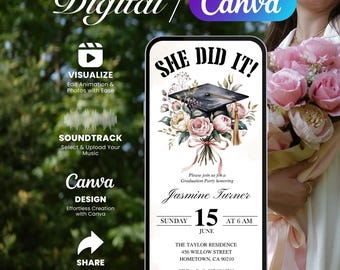 Editable Graduation Party Invitation for Her - “She Did It” Digital Invite with Flowers and Cap | Video & Music | Editable Canva Template