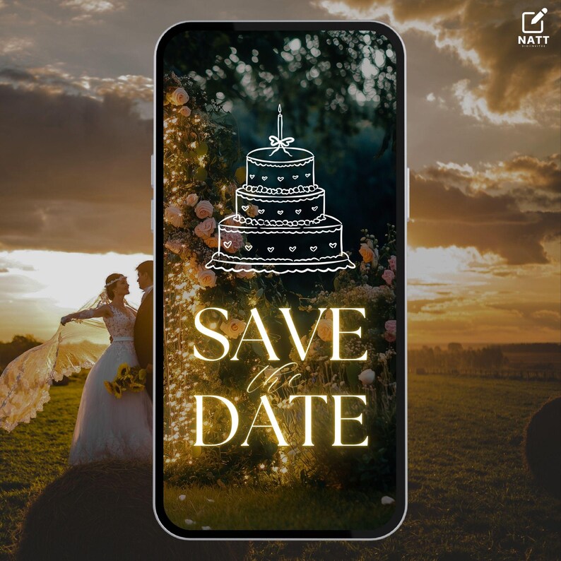Op de afbeelding: Een save-the-date-aankondiging voor een bruiloft met een witte taartillustratie en de tekst "Save the Date" in gouden letters. De afbeelding is tegen een achtergrond van een stel dat in een veld staat met een zonsondergang op de achtergrond.