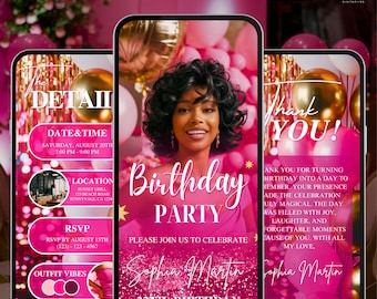Digital Hot Pink Birthday Party Invitation, Animated Canva Template, Pink Gold Glitter Birthday Party Invitation, Editable Template