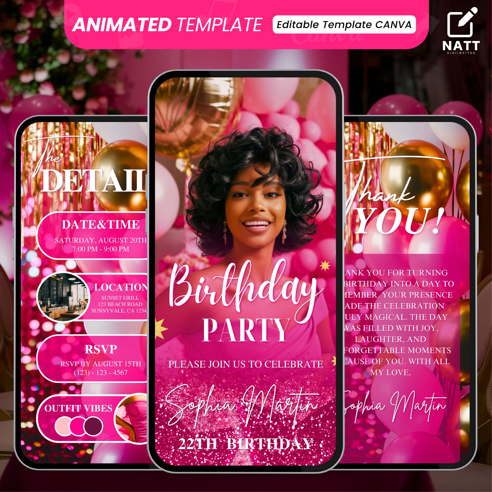 Digital Hot Pink Birthday Party Invitation, Animated Canva Template, Pink Gold Glitter Birthday Party Invitation, Editable Template