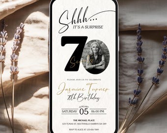 Surprise 70th Birthday Invitation with Photo, Black and Gold Digital Mobile Invite for Women