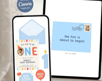 Fun to Be One Birthday Invitation, Boy 1st Birthday Interactive Evite with RSVP, Editable Canva Website Template, Digital Download