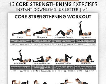 Core- en buiktrainingstabel, kernkracht, afdrukbare stabiliteitstrainingstabel, gids voor thuisfitness zonder apparatuur, digitale download, core-workout