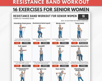 Resistance Band Workout For Senior Women, 16 Band Exercises, Standing and Seated, Home Strength Training Chart, Workout Chart, Printable PDF