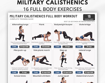 Plan de entrenamiento de calistenia militar, ejercicios de entrenamiento con peso corporal para todo el cuerpo, póster de entrenamiento de calistenia, entrenamiento en casa estilo bootcamp, PDF