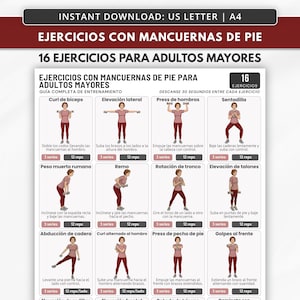 Op de afbeelding: Een digitale trainingskaart getiteld EJERCICIOS CON MANCUERNAS DE PIE PARA ADULTOS MAYORES met 16 geïllustreerde staande oefeningen met dumbbells. De gids bevat stapsgewijze instructies, het aantal sets en herhalingsdoelen voor elke beweging.