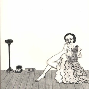 May include: A black and white drawing of a woman sitting on a wooden floor. She is wearing a dress with ruffles and has her hair pulled back. She is holding a cigarette in her hand and looking off to the side.