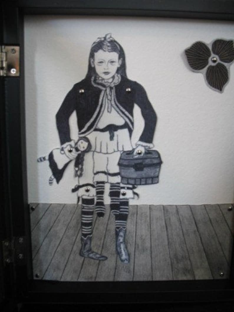 May include: A black and white illustration of a girl wearing a long-sleeved jacket and a skirt. She is holding a small doll and a suitcase. The background is white with a black and white flower.