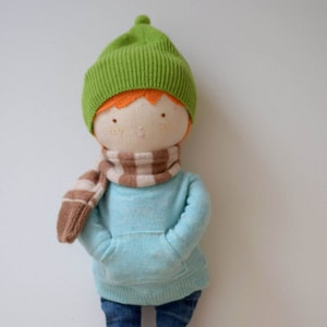 Handmade fabric art doll, one of a kind boy rag doll, redhead cloth boy doll, Upcycled textiles rag doll image 1