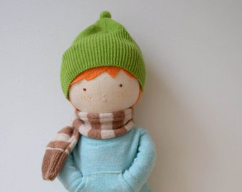 Handmade Boy Rag Doll, Upcycled Linen, Redhead Doll with Outfit