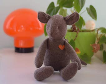 Handmade Mouse doll, stuffed animal doll, eco toy, upcycled vintage chocolate brown wool mouse, soft gift idea baby shower