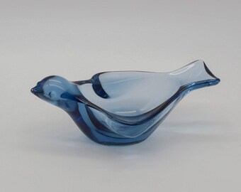Vintage blue art glass bird shape bowl, Mid Century hand blown art glass blue heart shape Ashtray