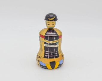 Vintage Sosaku Samurai Kokeshi Doll, Hand-Painted Wooden Bobblehead