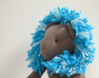 Handmade Lion Art Doll, Upcycled Vintage Wool, Turquoise Mane
