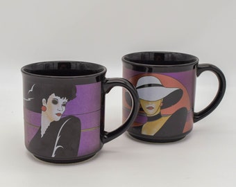 Vintage Patrick Nagel style 80s coffee mugs, Pair of 80's Nagel style black coffee mugs, Black Metallic ceramic coffee mugs, Art deco mugs