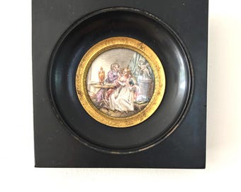 Antique French hand painted miniature romantic lovers scene