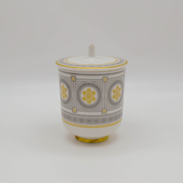 Vintage Lorenz Hutschenreuther Lidded footed Jar, Mid Century Hermann Schwahn design, gold gray white, Footed porcelain lidded jar