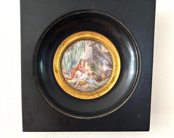 Antique French hand painted miniature naughty romantic lovers scene