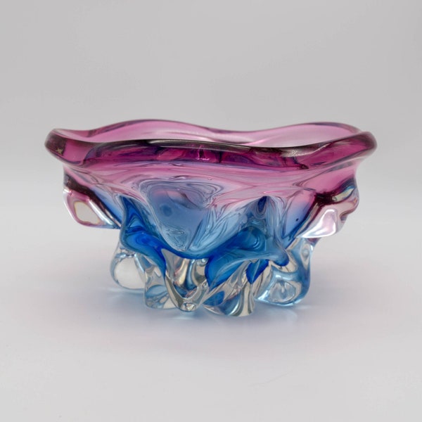 Vintage Czech Chribska art glass bowl, Mid Century Chribska Glassworks Josef Hospodka Design, Pink blue and clear Chribska art glass bowl