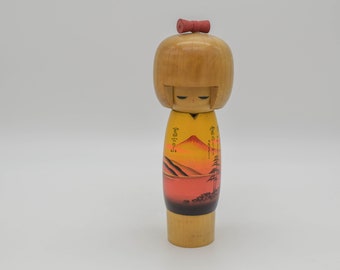 Vintage Large Creative Kokeshi doll, vintage Sosaku kokeshi, Large Kokeshi with mount fuji decor,  vintage wooden Japanese doll