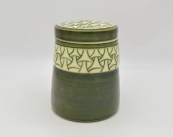 Vintage Alexandra McCurdy Studio Pottery Lidded Jar, Green Mishima Design