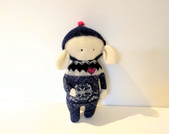 handmade soft lamb doll, One of a Kind critter doll, upcycled felted wool sweaters soft sculpture