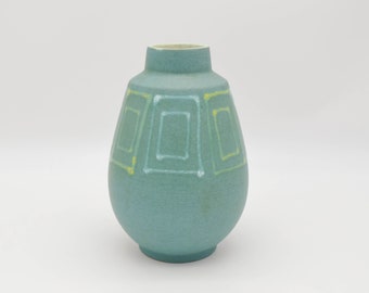 West German Pottery Carstens Tonnieshof vase 690 19, vintage WGP vase, Matte turquoise vase with geometric decor, Carstens Tonnieshof vase