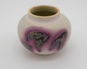 Vintage Canadian Studio Pottery Vase, Grayish Cream, Purple Splash