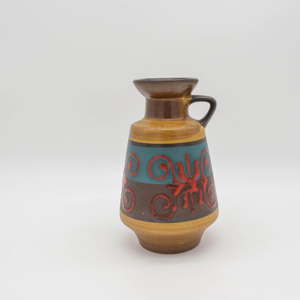 West German Pottery Dumler and Breiden vase 311 20, vintage WGP vase, Matt Brown turquoise and red decor, Dumler and Breiden vase