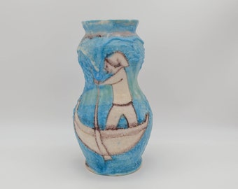 Vintage Vietri Italy Gondolier Vase, Mid Century Drip Glaze Earthenware