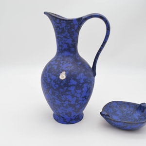 West German Pottery ES Keramik Ellen decor, Emons & Söhn Keramik blue fat lava vase,  ES Keramik blue fat lava ashtray, vintage WGP vase