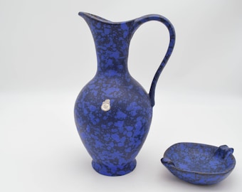 Vintage ES Keramik Vase and Ashtray, Blue Fat Lava, West German Pottery