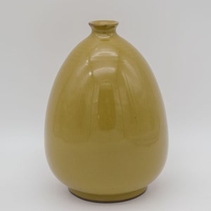 May include: A yellow-green ceramic vase with a rounded body and a narrow neck. The vase has a smooth, glossy finish and a dark brown base. The vase is approximately 25 cm tall.