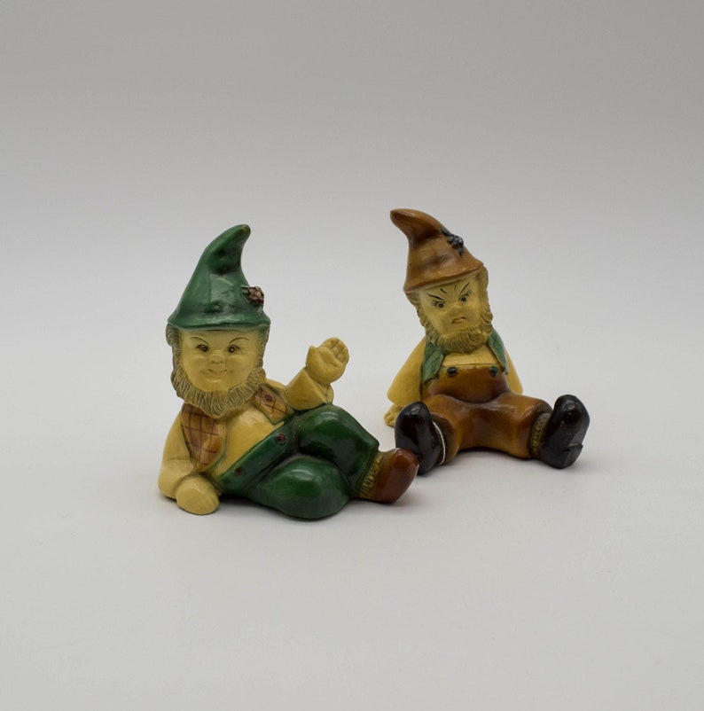 vintage Pair of Devon Ware by Kahane gnome figurines, vintage hand painted chalkware elf figurines, vintage seated gnome figurines image 2