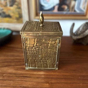 May include: A vintage brass box with a crocodile skin texture. The box has a rectangular shape with a lid and a decorative handle. The box is made of brass and has a gold colour. The box is likely used for storage or decoration.