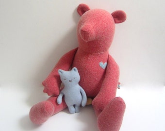 Handmade stuffed Bear doll, upcycled Heirloom Teddy Bear, Pink Salmon, vintage wool soft fabric doll, Baby shower gift