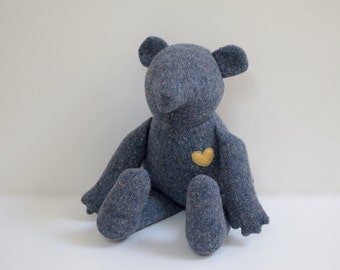 Bear doll, Handmade stuffed Bear, upcycled Heirloom blue wool Teddy Bear, one of a kind stuffed bear