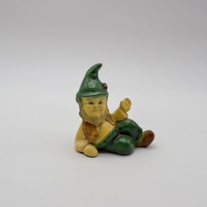 vintage Pair of Devon Ware by Kahane gnome figurines, vintage hand painted chalkware elf figurines, vintage seated gnome figurines image 3